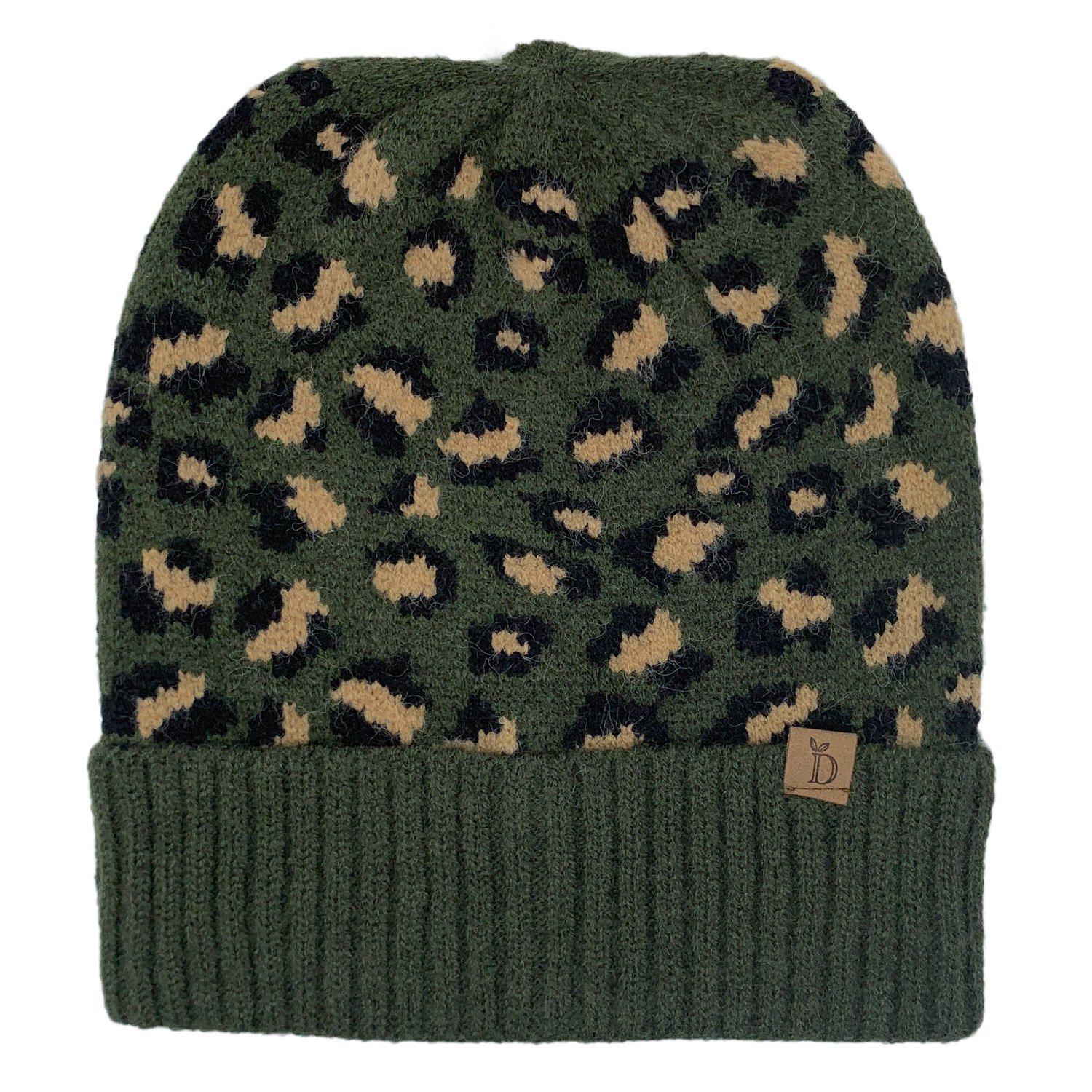 Empire Cove Winter Set Knit Ribbed Leopard Cuff Beanie and Touch Screen Gloves Gift Set-Black-