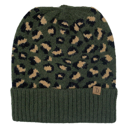 Empire Cove Winter Set Knit Ribbed Leopard Cuff Beanie and Touch Screen Gloves Gift Set-Black-