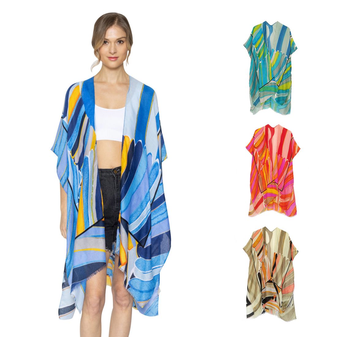 Empire Cove Womens Abstract Print Kimono Shawl Wraps Beach Cover Ups Summer-Blue-