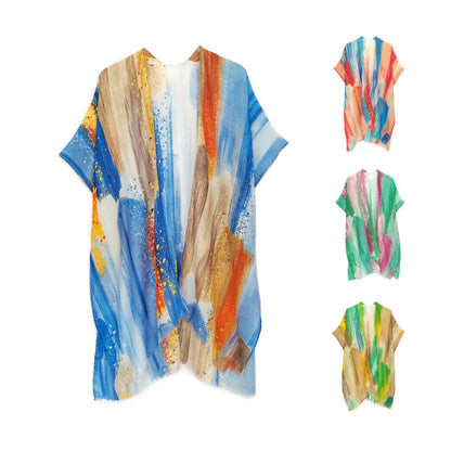 Empire Cove Womens Brush Stroke Print Kimono Shawl Wraps Beach Cover Ups Summer-Blue-
