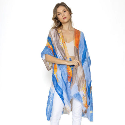 Empire Cove Womens Brush Stroke Print Kimono Shawl Wraps Beach Cover Ups Summer-Blue-