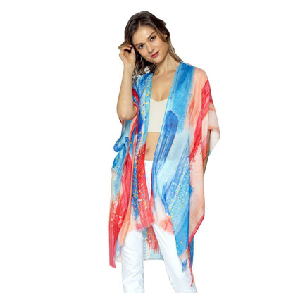 Empire Cove Womens Brush Stroke Print Kimono Shawl Wraps Beach Cover Ups Summer-Blue-