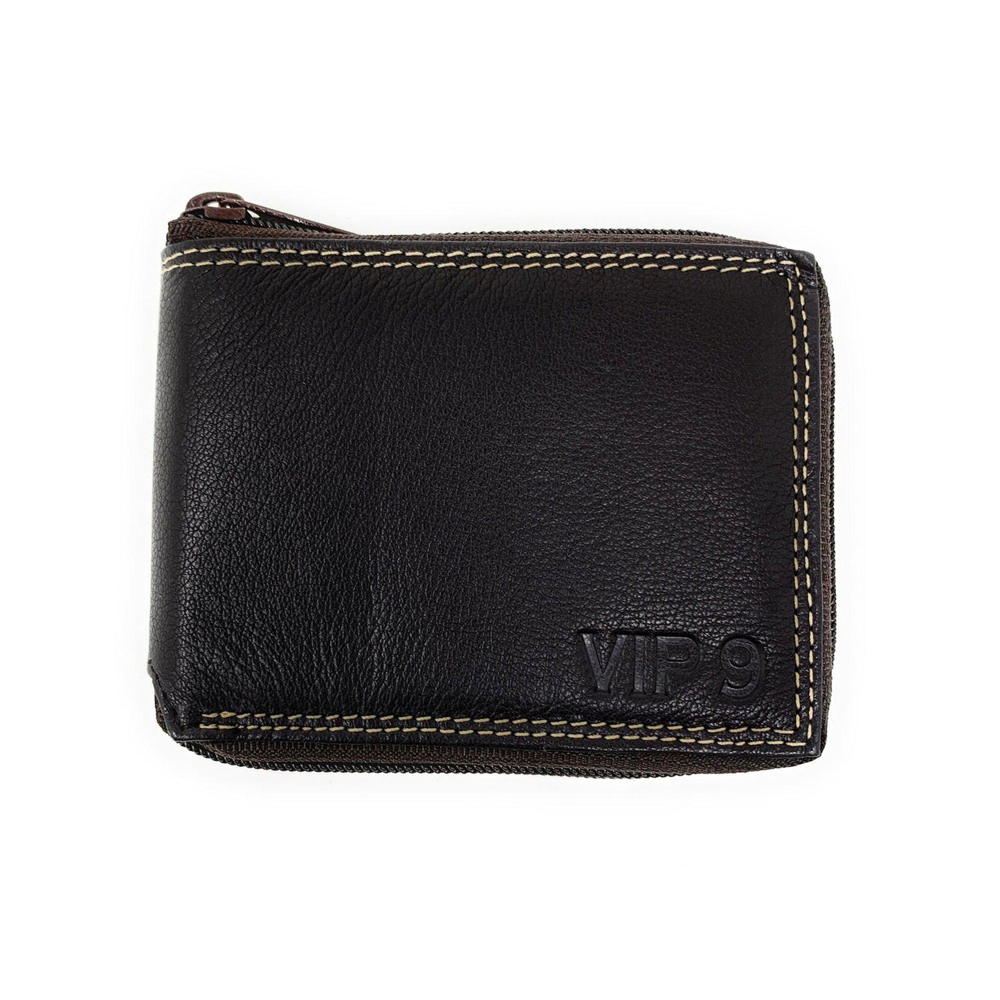 Empire Cove VIP Classic Genuine Leather Slim Bifold Wallets Zippered Flip Up ID-Black-