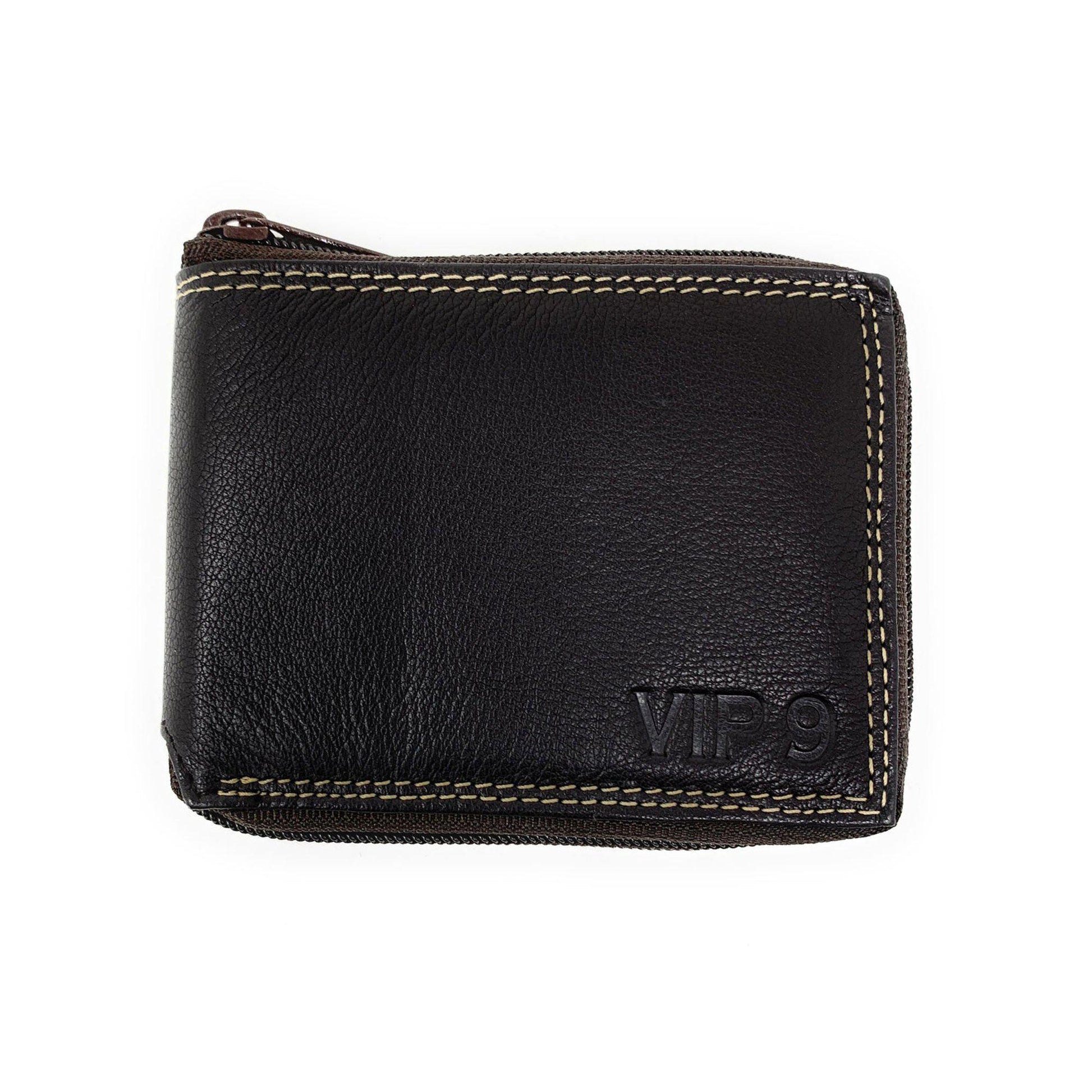 Empire Cove VIP Classic Genuine Leather Slim Bifold Wallets Zippered Flip Up ID-Black-