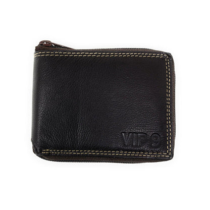 Empire Cove VIP Classic Genuine Leather Slim Bifold Wallets Zippered Flip Up ID-Black-