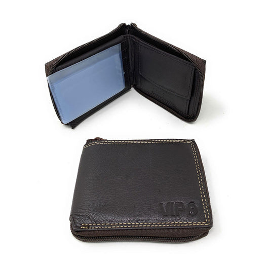 Empire Cove VIP Classic Genuine Leather Slim Bifold Wallets Zippered Flip Up ID-Black-