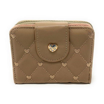 Empire Cove Womens Bifold Quilted Heart Rhinestone Wallets Ladies Teens-Khaki-