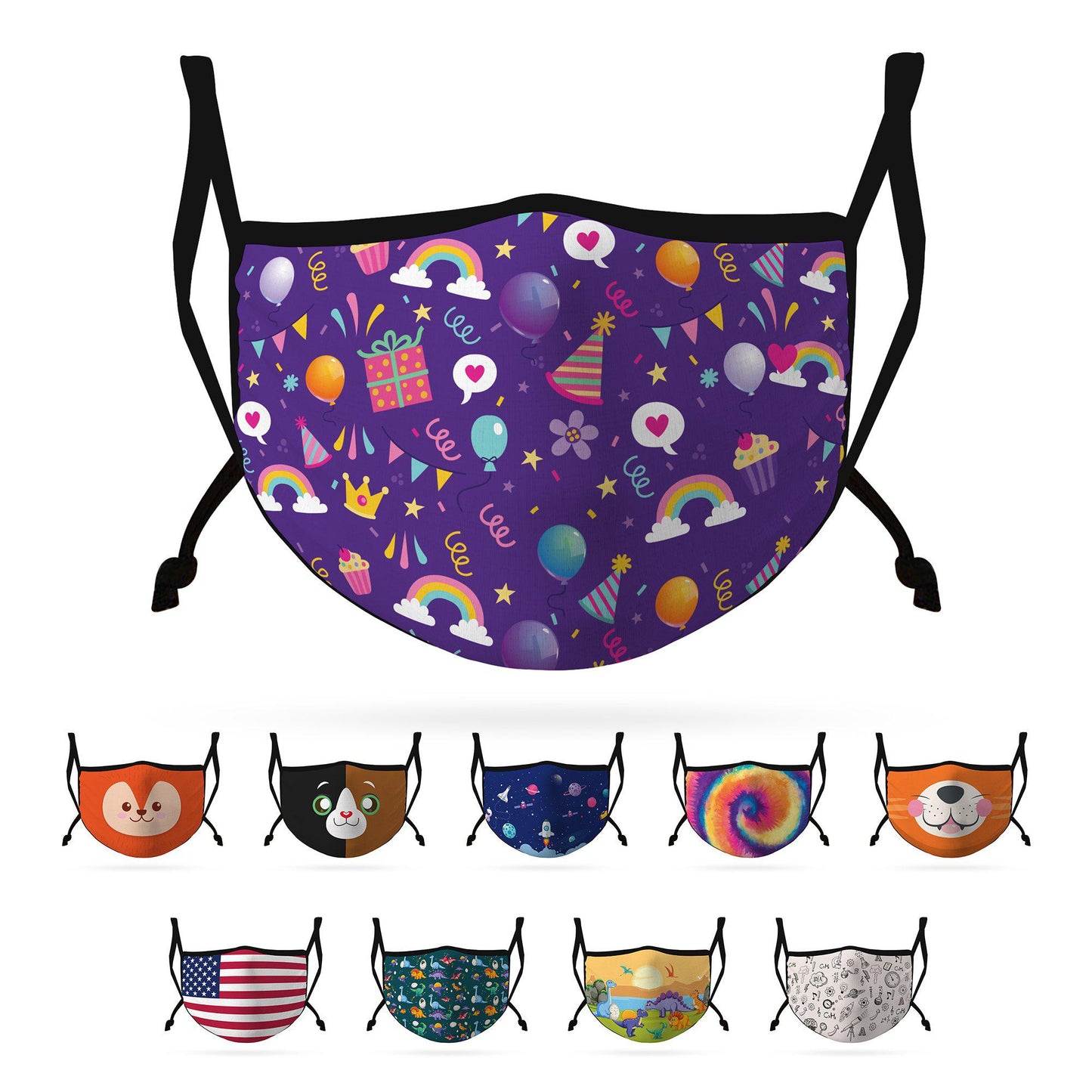 Cute Face Masks for Kids Child Adjustable Boys Girls Ages 3 to 9 Cotton Poly Washable Reusable 2 Layer Pocket Filter-Birthday-