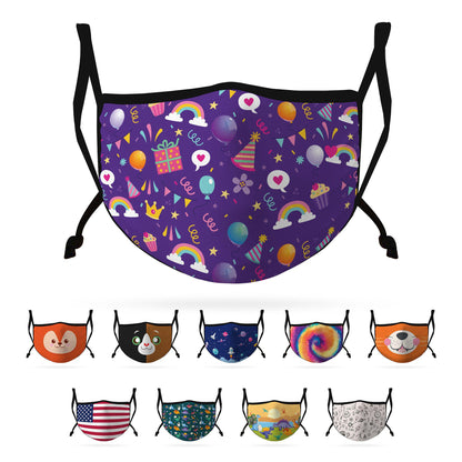 Cute Face Masks for Kids Child Adjustable Boys Girls Ages 3 to 9 Cotton Poly Washable Reusable 2 Layer Pocket Filter-Birthday-