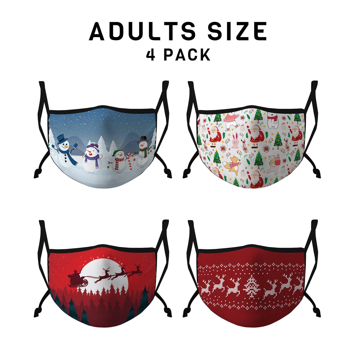 Casaba 4 Pack Face Masks Adult Kids Sizes Fun Cute Holiday Christmas Cotton Poly Adjustable Washable Reusable-Holiday Pack A-Adult-
