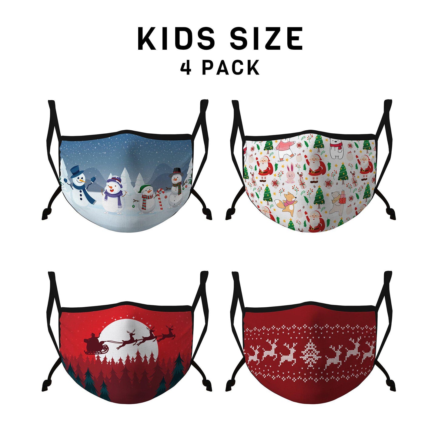 Casaba 4 Pack Face Masks Adult Kids Sizes Fun Cute Holiday Christmas Cotton Poly Adjustable Washable Reusable-Holiday Pack A-Kids-