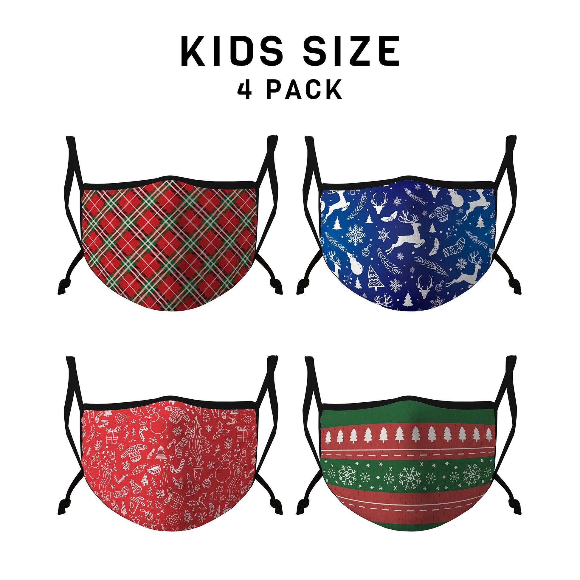 Casaba 4 Pack Face Masks Adult Kids Sizes Fun Cute Holiday Christmas Cotton Poly Adjustable Washable Reusable-Holiday Pack B-Kids-