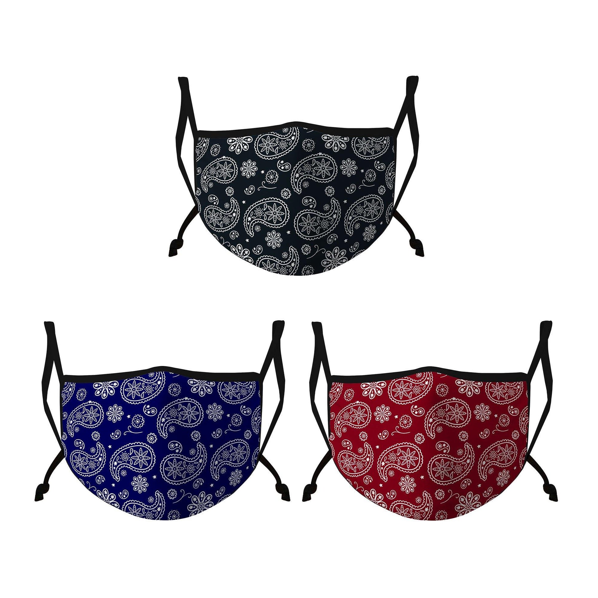 Casaba 3 Pack Paisley Print Face Masks Unisex Fashion Cotton Poly Adjustable Washable Reusable Double Layer Pocket Filter-