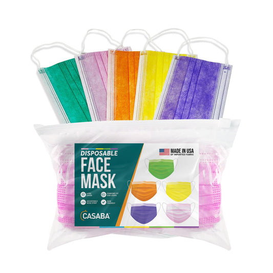 Casaba 100 Pack Multi-Color Disposable Face Masks 3-Ply - Made in USA with Imported Fabric-