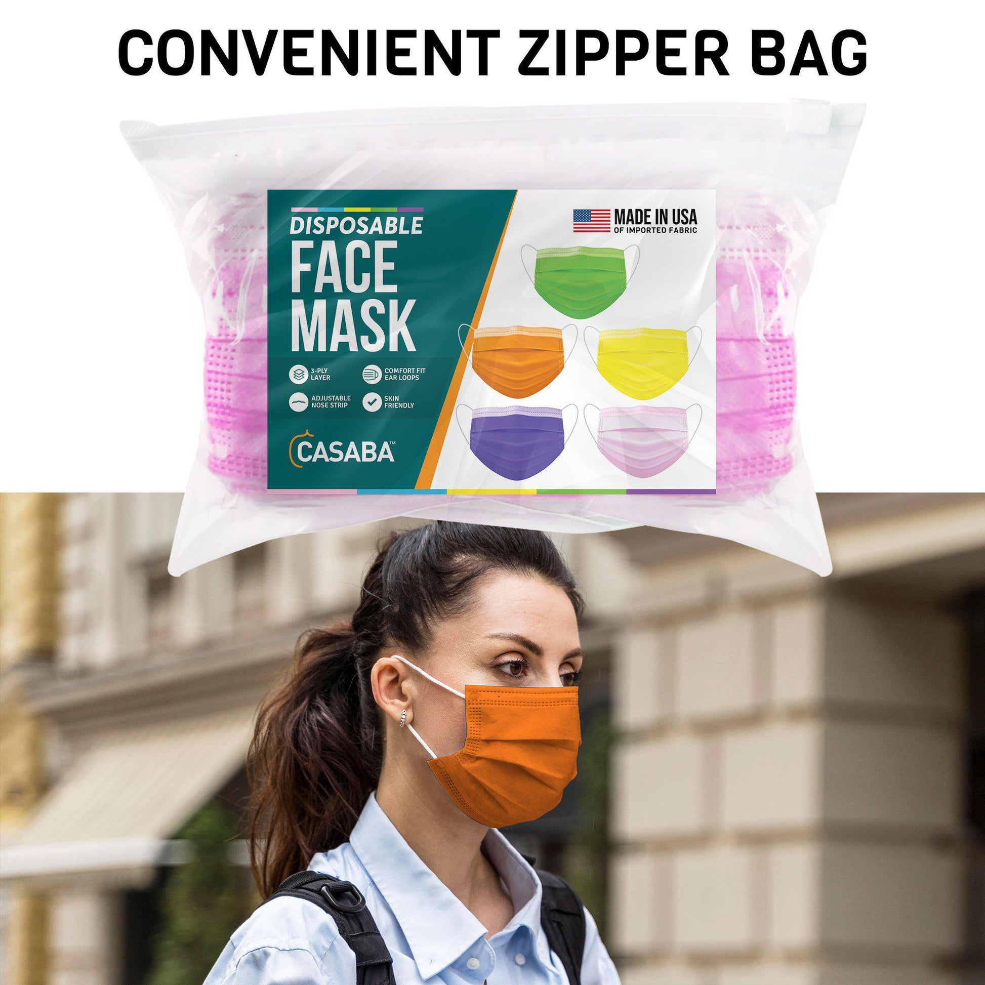Casaba 100 Pack Multi-Color Disposable Face Masks 3-Ply - Made in USA with Imported Fabric-