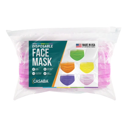 Casaba 100 Pack Multi-Color Disposable Face Masks 3-Ply - Made in USA with Imported Fabric-