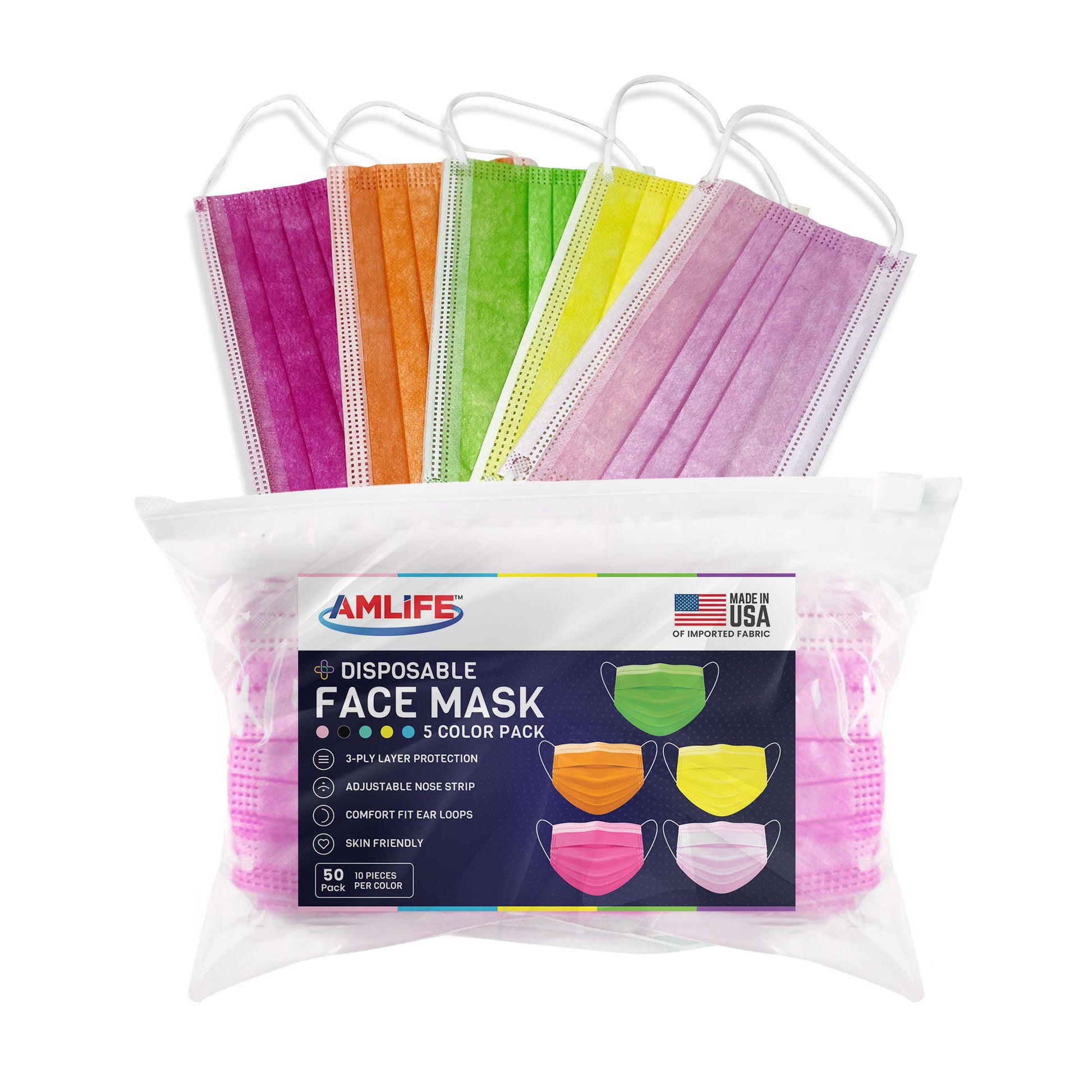 Amlife Face Masks Colorful Adult Made in USA Imported Fabric Pink Magenta Purple Green Orange Blue Black-Pink-10 Pack-