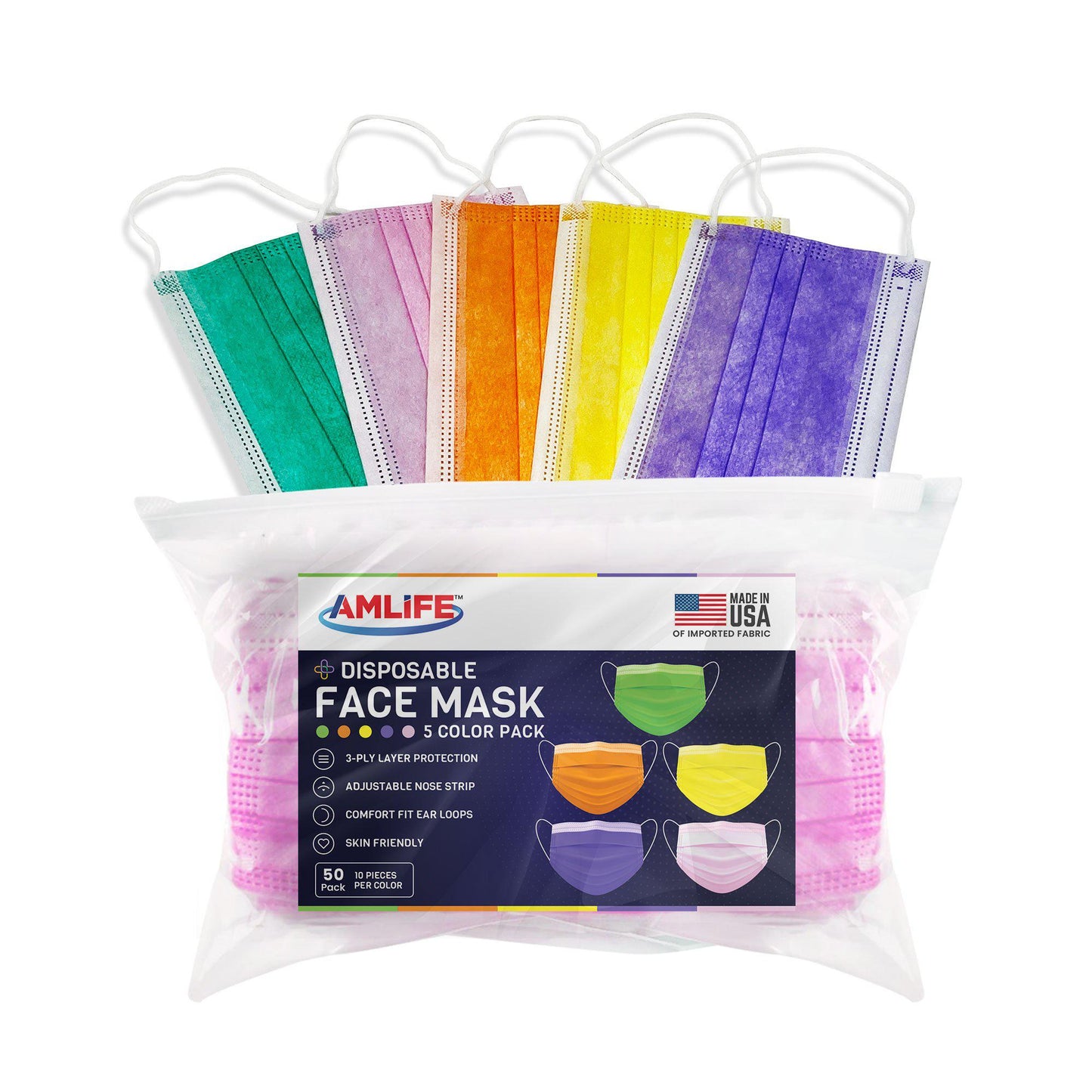 Amlife Face Masks Colorful Adult Made in USA Imported Fabric Pink Magenta Purple Green Orange Blue Black-Multi Color Pack: Pink Orange Green Magenta Purple-50 Pack-