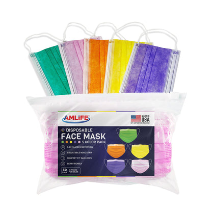 Amlife Face Masks Colorful Adult Made in USA Imported Fabric Pink Magenta Purple Green Orange Blue Black-Multi Color Pack: Pink Orange Green Magenta Purple-50 Pack-