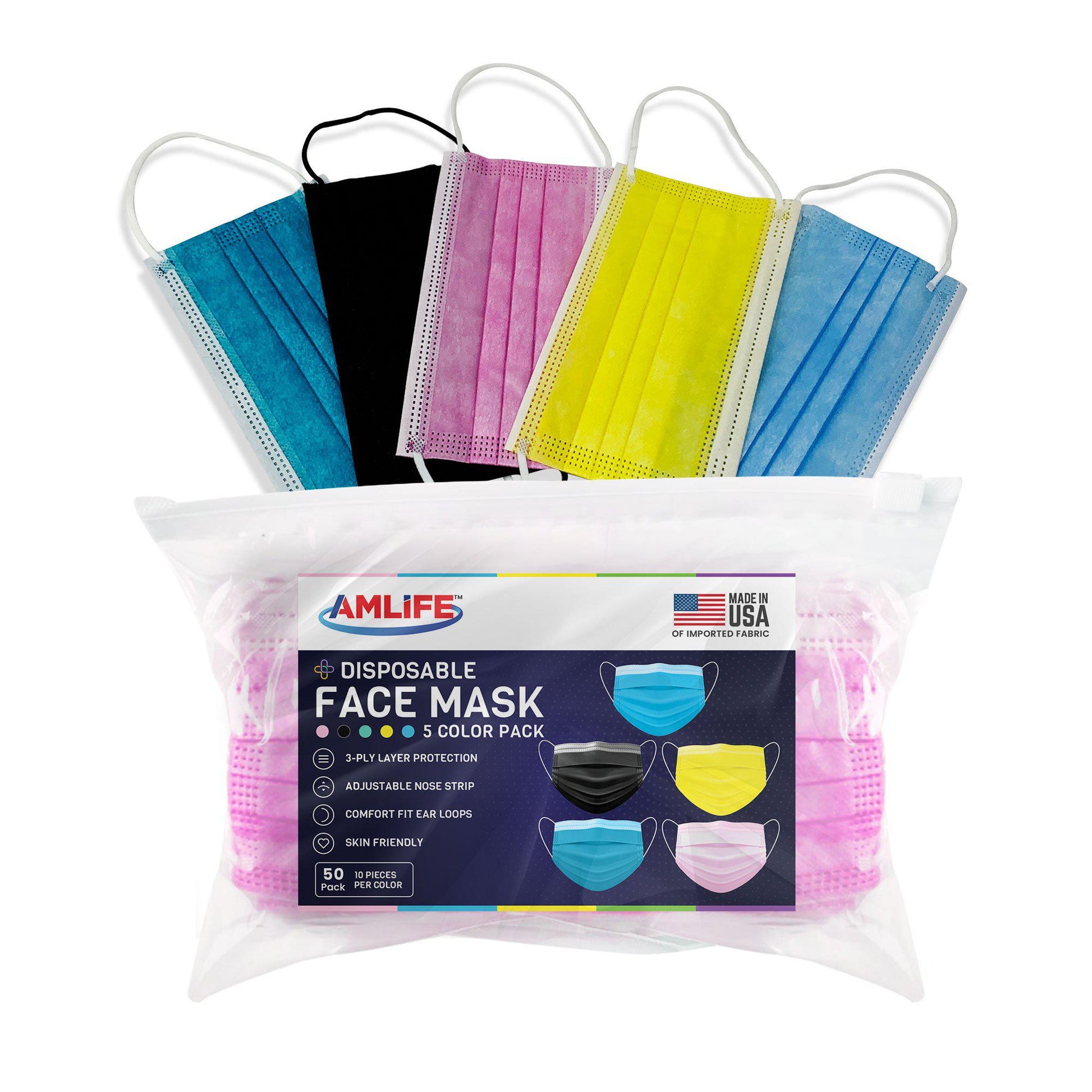 Amlife 50 Pack Disposable Face Masks 5 Colors 3-Ply - Made in USA with Imported Fabric-
