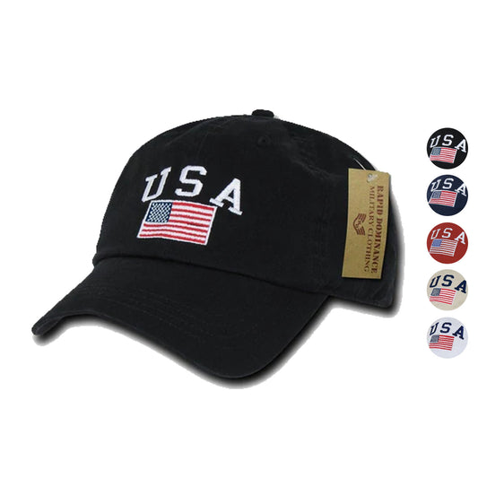 Patriotic USA Flag Embroidered Relaxed Cotton Polo Baseball Dad Caps Hats-Black-