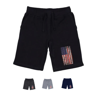 RAPDOM TS6 Fleece Gym Shorts Distressed Patriotic Vertical USA Flag-Black-Small-
