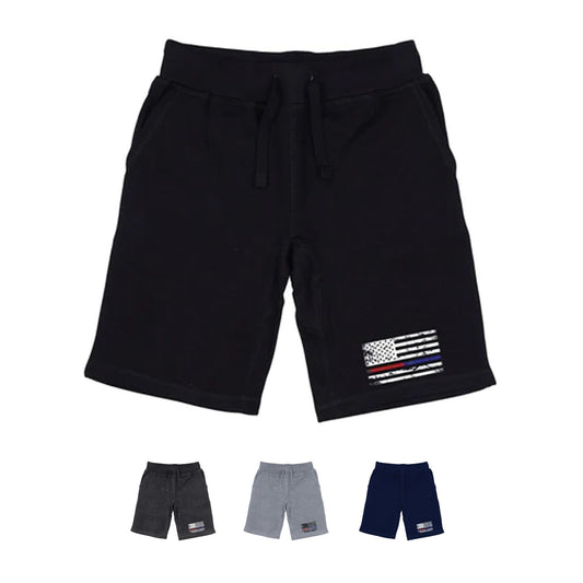RAPDOM TS6 Fleece Gym Shorts Dual USA Flag TRL TBL Thin Red and Blue Line-Black-Small-