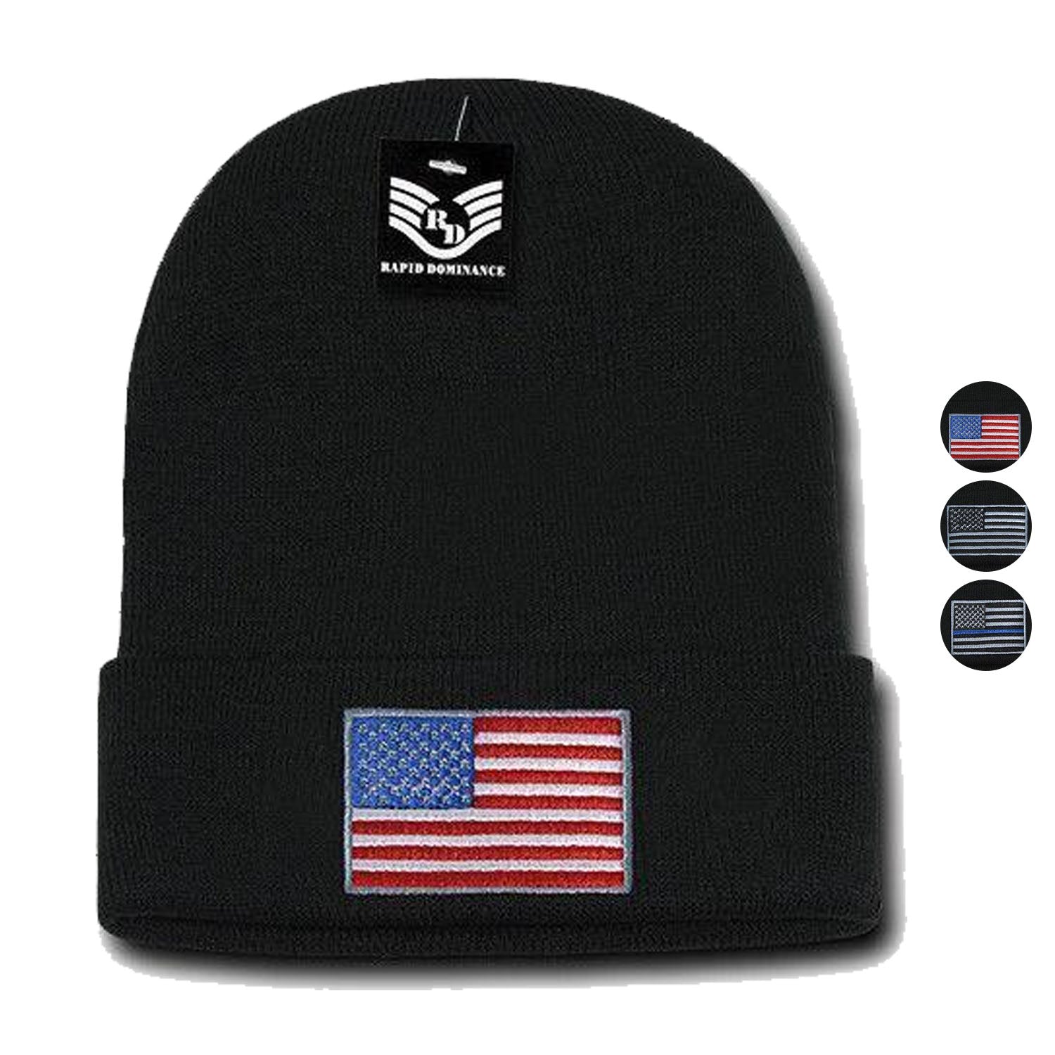 Patriotic USA Flag Thin Blue Line Knit Beanies Acrylic Winter Olympics Long Cuff-Red/White/Blue Flag-