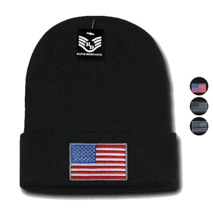 Patriotic USA Flag Thin Blue Line Knit Beanies Acrylic Winter Olympics Long Cuff-Red/White/Blue Flag-