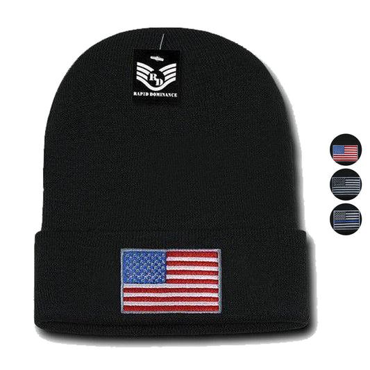 Patriotic USA Flag Thin Blue Line Knit Beanies Acrylic Winter Olympics Long Cuff-Red/White/Blue Flag-