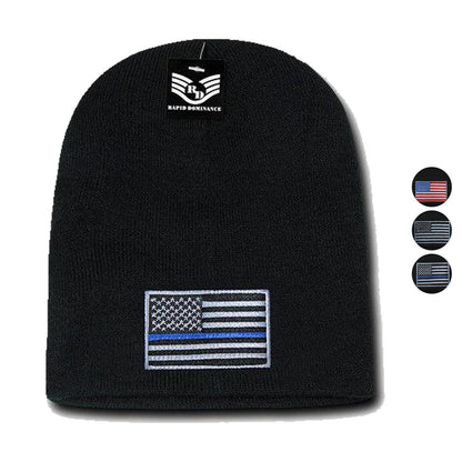 Patriotic USA Flag Thin Blue Line Knit Beanies Acrylic Winter Short Cuff Unisex-Red/White/Blue Flag-