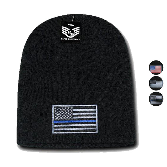 Patriotic USA Flag Thin Blue Line Knit Beanies Acrylic Winter Short Cuff Unisex-Red/White/Blue Flag-