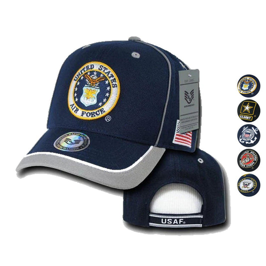 Piped Military Air Force Army Marines Navy USA Flag Patriotic Baseball Hats Caps-Air Force - Navy/Grey-