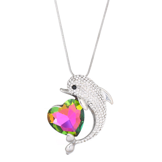 Empire Cove Dolphin Heart Pendant Necklace Silver Rhinestone Fashion Jewelry-