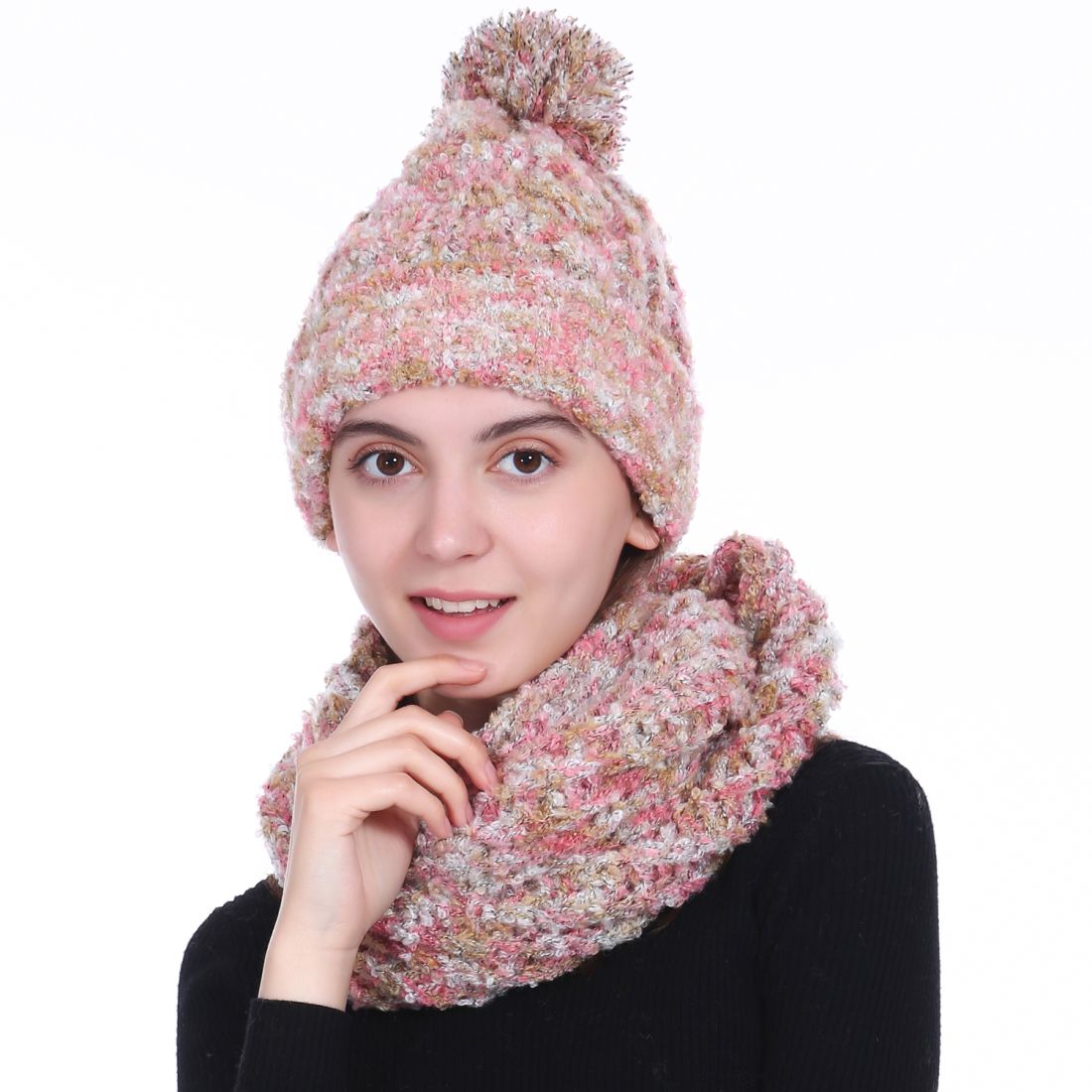 Empire Cove 2 Piece Knit Cuff Beanie Scarf Gift Set Pom Pom Winter-Gray-