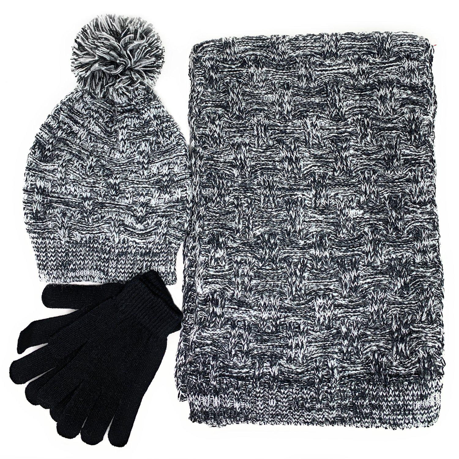 Empire Cove 3 Piece Beanie Scarf Gloves Gift Set Winter Warm Knitted Pom Pom-Black-