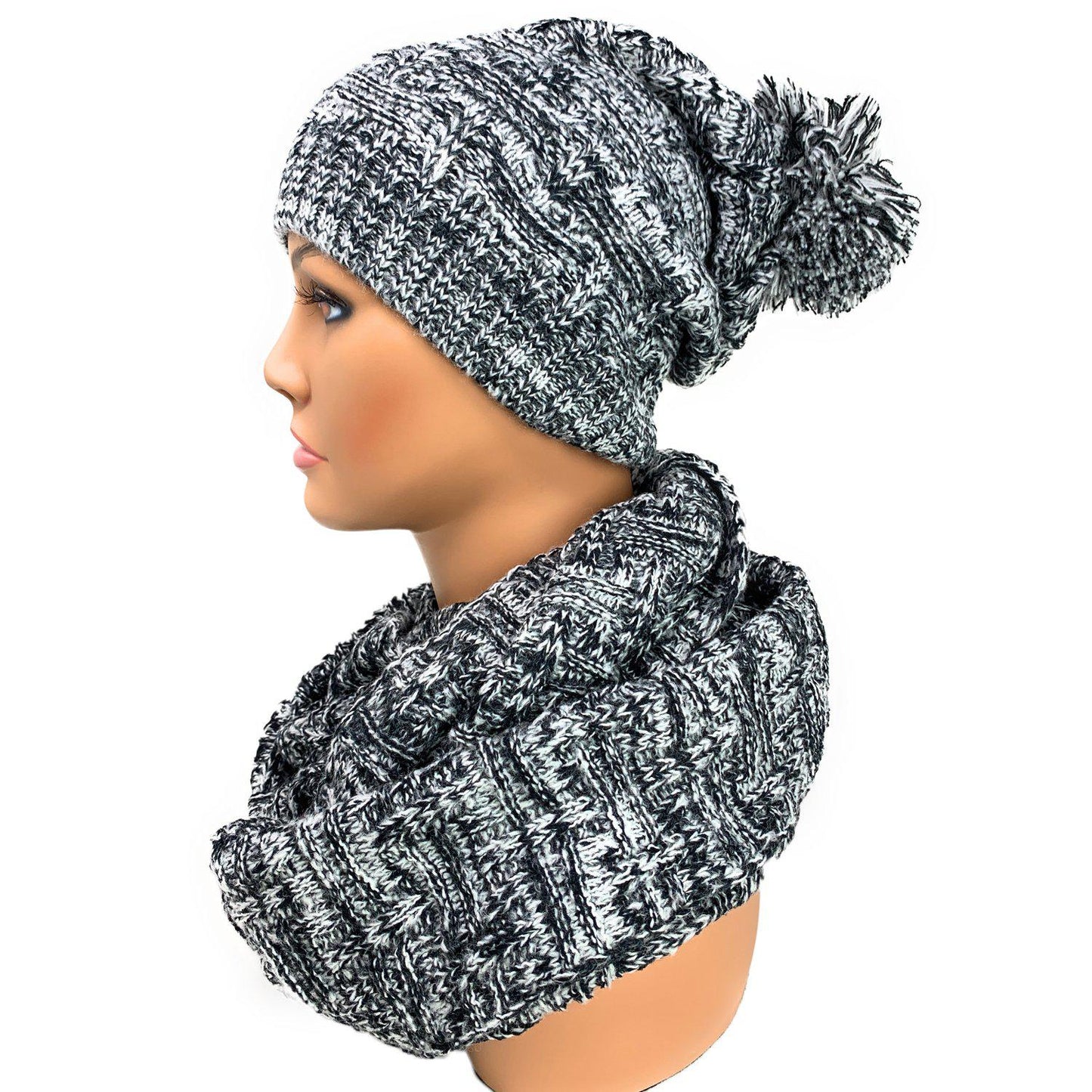 Empire Cove 3 Piece Beanie Scarf Gloves Gift Set Winter Warm Knitted Pom Pom-Black-
