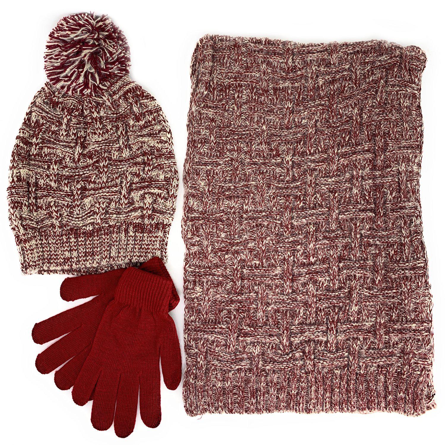 Empire Cove 3 Piece Beanie Scarf Gloves Gift Set Winter Warm Knitted Pom Pom-Black-
