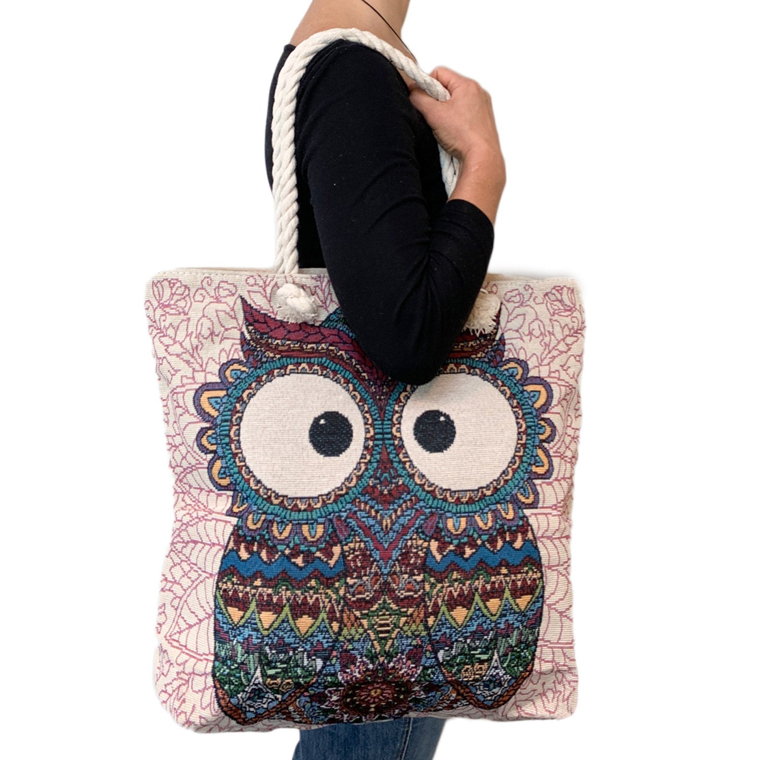Empire Cove Owl Print Cotton Canvas Tote Bags Reusable Beach Shopping-