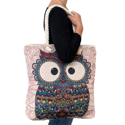 Empire Cove Owl Print Cotton Canvas Tote Bags Reusable Beach Shopping-