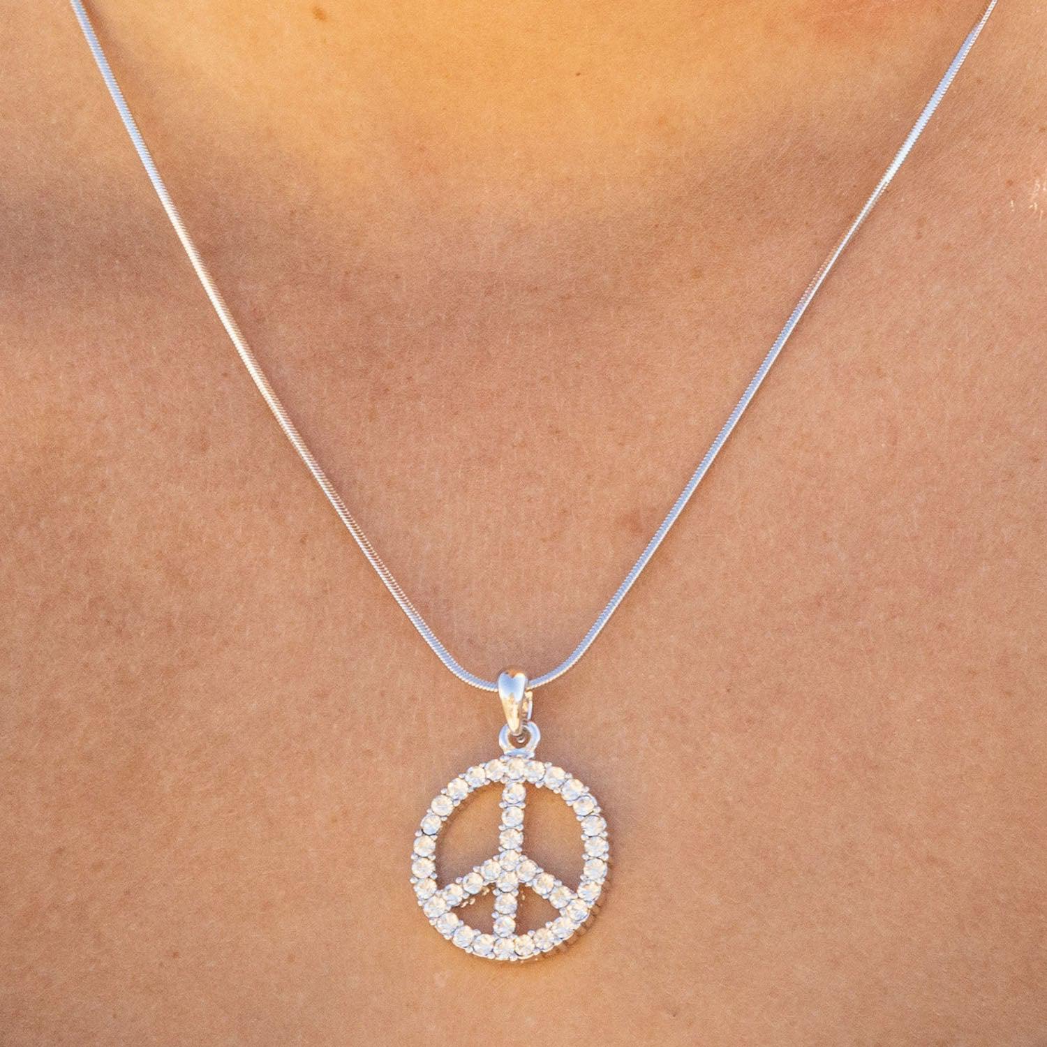 Empire Cove Peace Sign Pendant Necklace Silver Toned Rhinestone Fashion Jewelry-