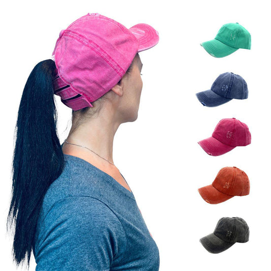 Empire Cove Womens Distressed Washed Ponytail Caps Hats Vintage Relaxed Fit-Pink-