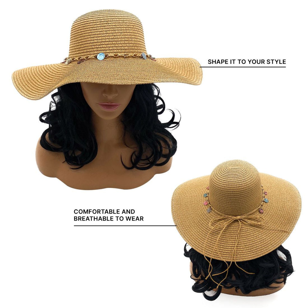 Empire Cove Womens Wide Brim Straw Hat Floppy Sun Hat Panama Fedora Summer, Bead Chain Tan
