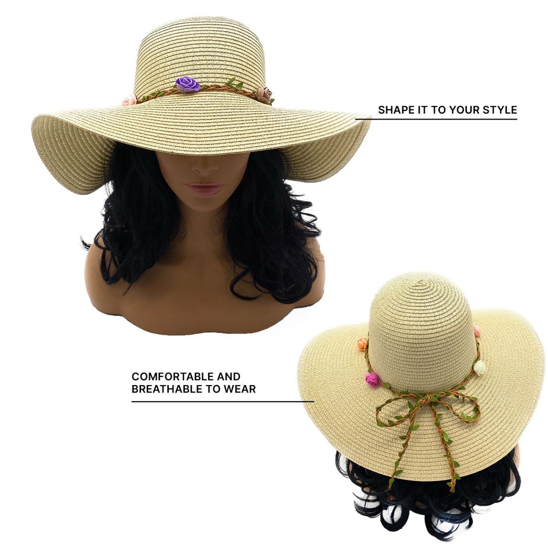Empire Cove Womens Wide Brim Straw Hat Floppy Sun Hat Panama Fedora Summer-Flower Pink-
