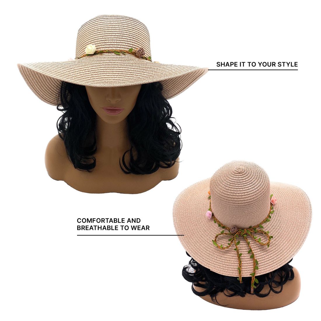 Empire Cove Womens Wide Brim Straw Hat Floppy Sun Hat Panama Fedora Summer-Flower Pink-