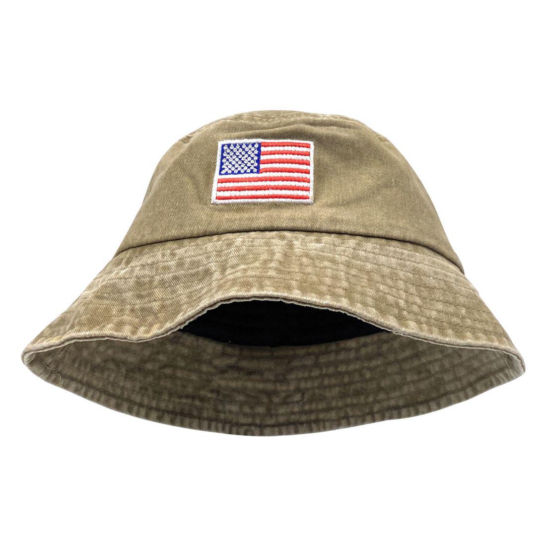 Empire Cove Washed USA Flag Cotton Bucket Hats Patriotic Hats Fisherman Cap-Khaki-