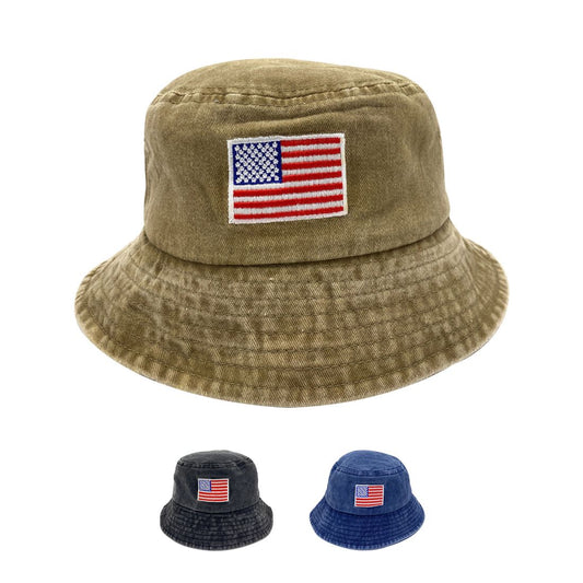 Empire Cove Washed USA Flag Cotton Bucket Hats Patriotic Hats Fisherman Cap-Khaki-