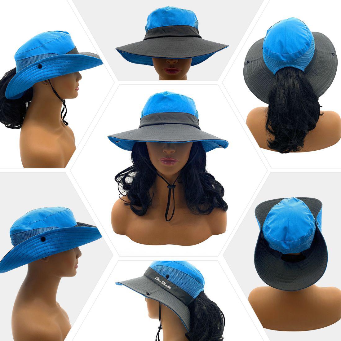Empire Cove Womens Wide Sun Hat Ponytail Summer Sports Bucket Cap UV Protection-Blue-