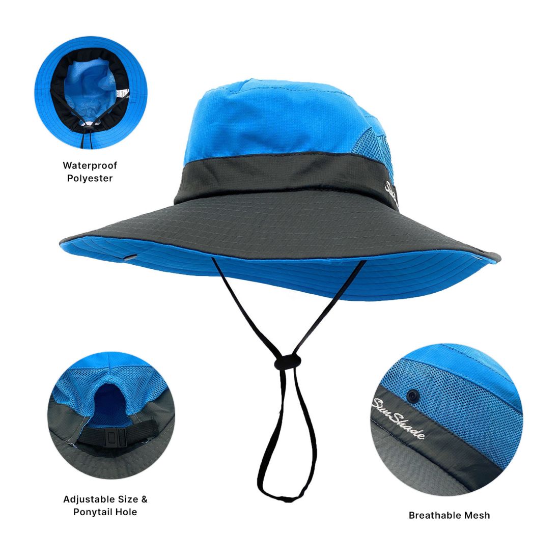 Empire Cove Womens Wide Sun Hat Ponytail Summer Sports Bucket Cap UV Protection-Blue-