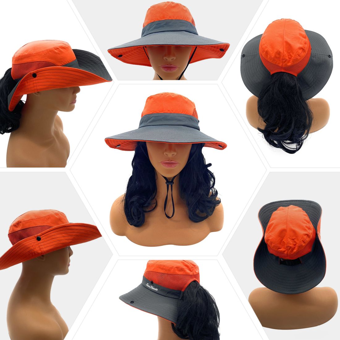Empire Cove Womens Wide Sun Hat Ponytail Summer Sports Bucket Cap UV Protection-Blue-